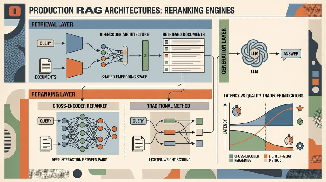 Conceptual illustration of reranking engine architectures in production RAG: layered diagram showing bi-encoder retrieval, cross-encoder reranking, LLM generation, with latency vs quality tradeoff indicators, Olivetti Brochure style, mid-century Italian industrial design, technical diagram, title-only, balanced