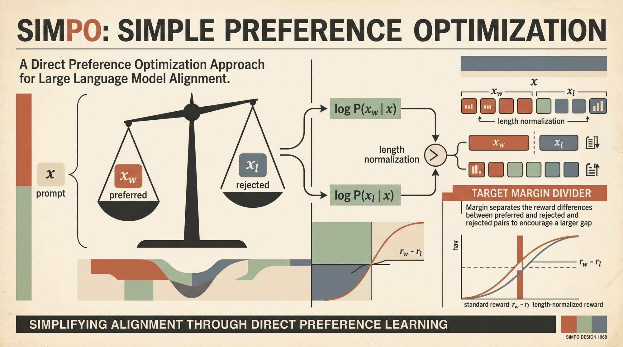 Simple Preference Optimization (SimPO): Mathematical Foundations, Reference-Free Implicit Reward, Length Normalization, and Target Margin Dynamics