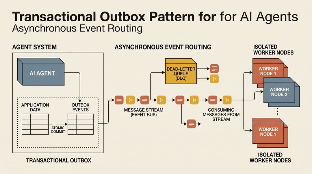 Architectural schematic of transactional outbox pattern and asynchronous event routing for AI agents