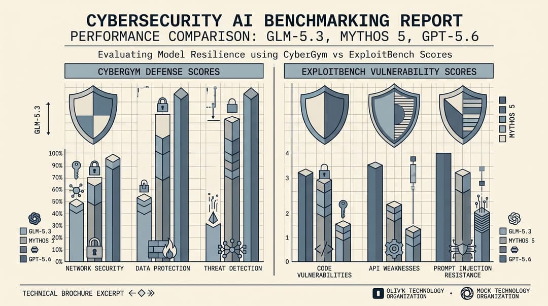 Illustration showing CyberGym vs ExploitBench score comparison for GLM-5.3, Mythos 5, and GPT-5.6