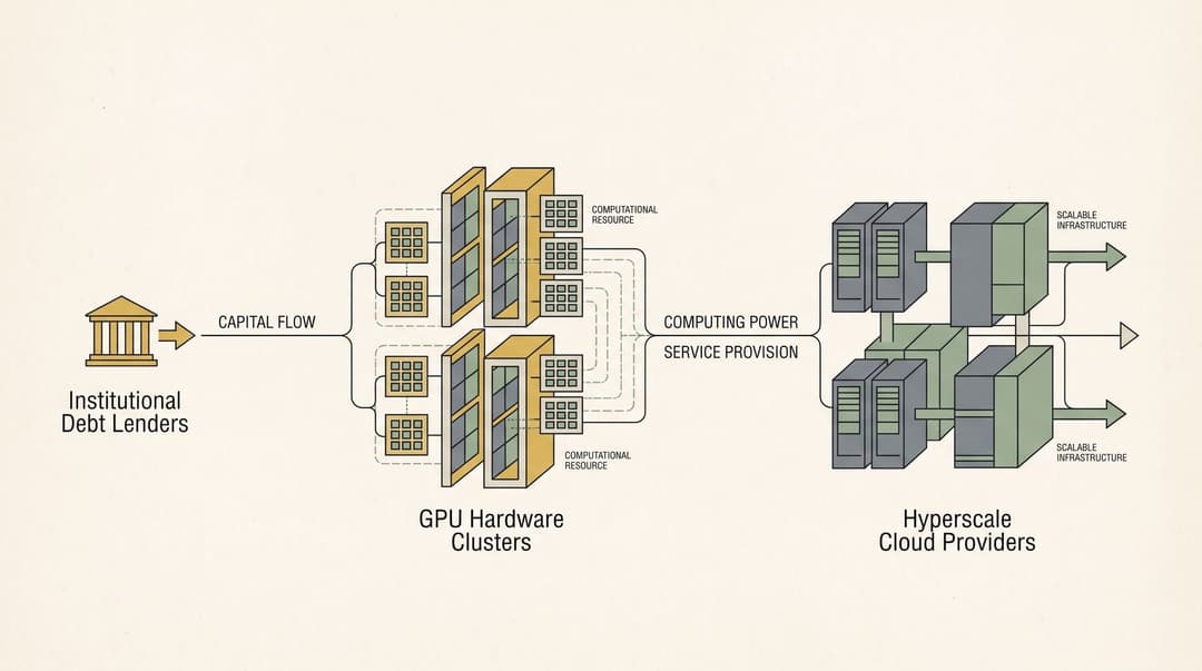 Capital flow diagram showing debt-financed GPU infrastructure leasing to hyperscalers