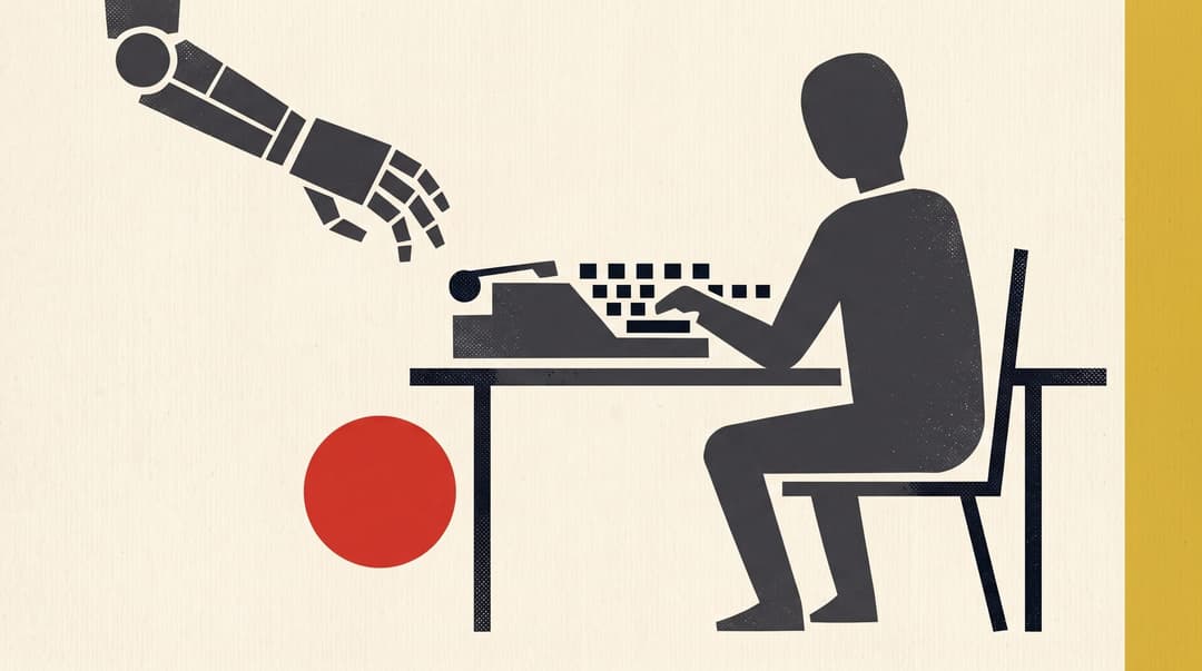 Illustration of a student at a desk with an AI hand helping