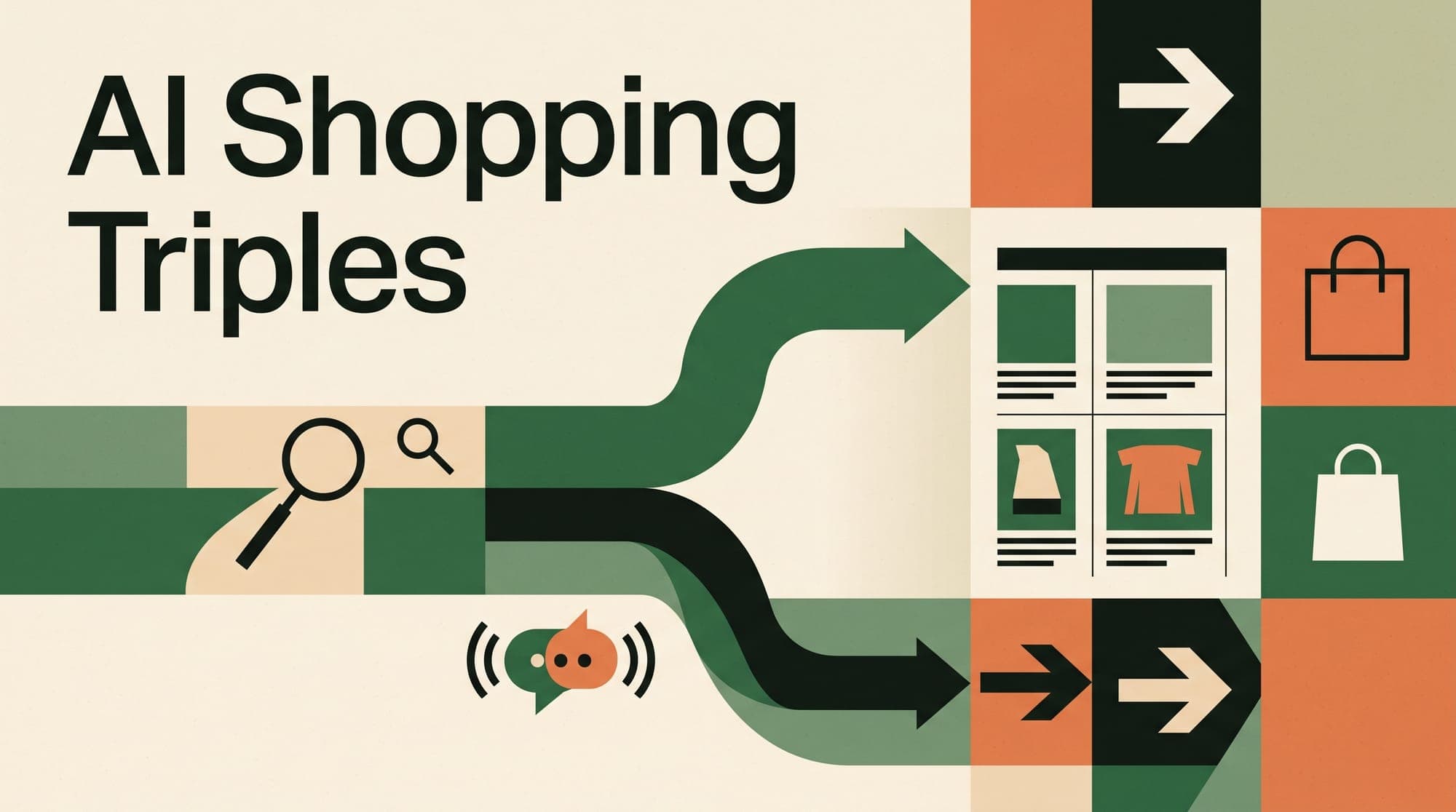 Abstract editorial illustration of AI and search pathways flowing into a product catalog