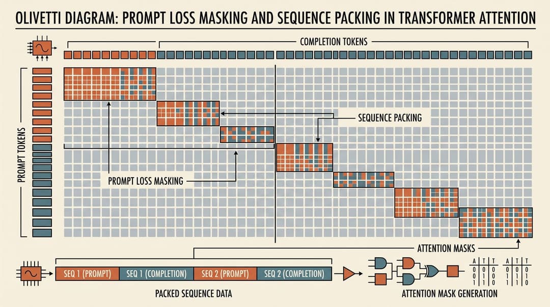 Illustration of prompt loss masking, block-diagonal attention matrices, and sequence packing in supervised fine-tuning