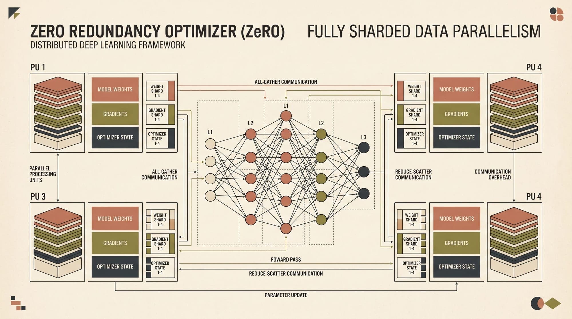 Zero Redundancy Optimizer (ZeRO) and Fully Sharded Data Parallelism (FSDP): Mathematical Foundations of Memory Partitioning, Communication Complexity, and Overlapped Execution