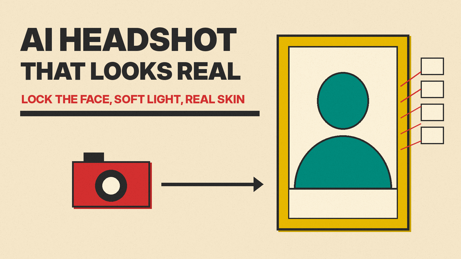 Olivetti-style cover reading AI HEADSHOT THAT LOOKS REAL, showing a red camera pointed at a framed portrait silhouette lit from a window