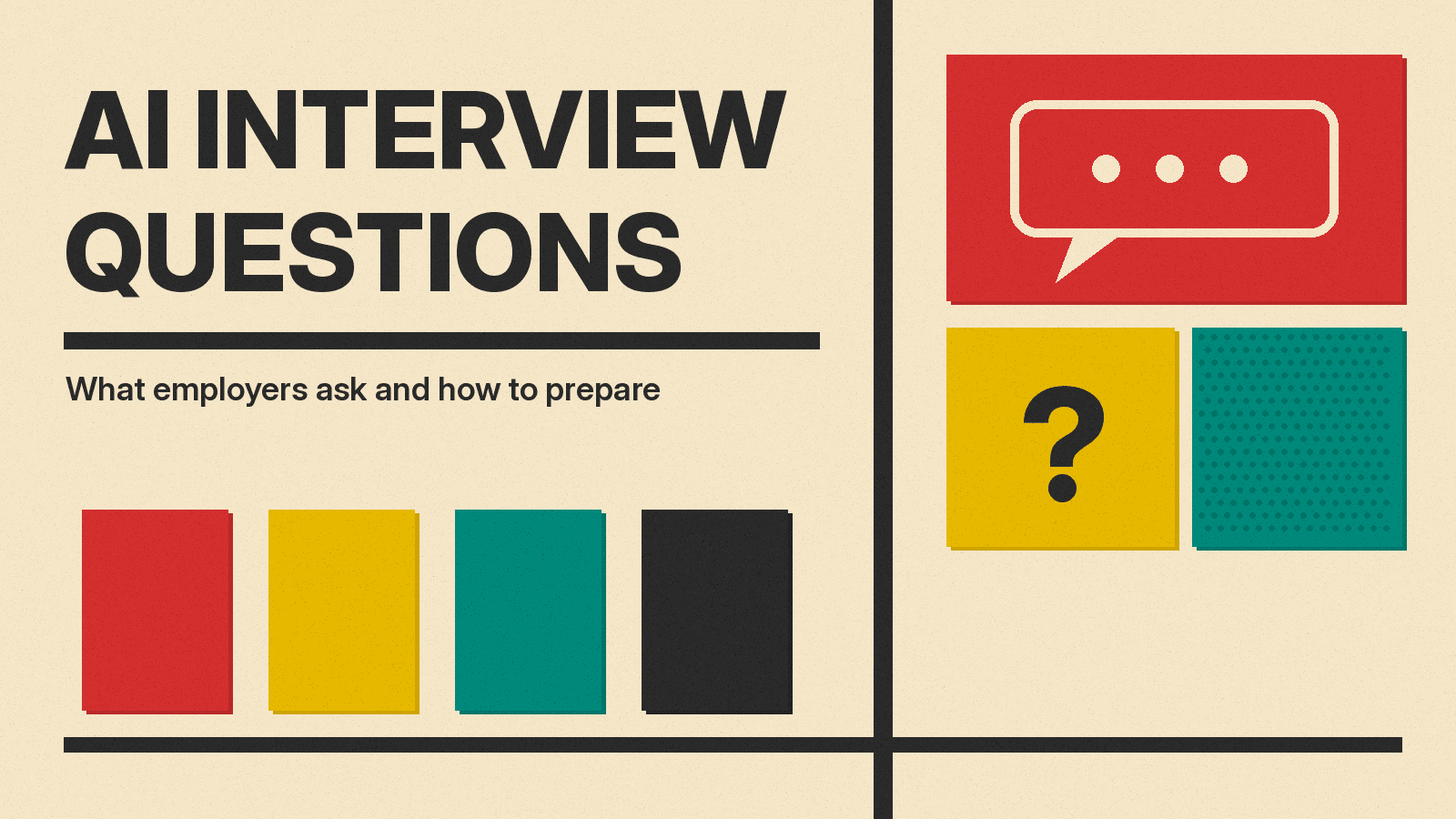 Olivetti-style cover reading AI INTERVIEW QUESTIONS on cream paper, with a speech bubble icon on a red block, a mustard block and a teal halftone block.
