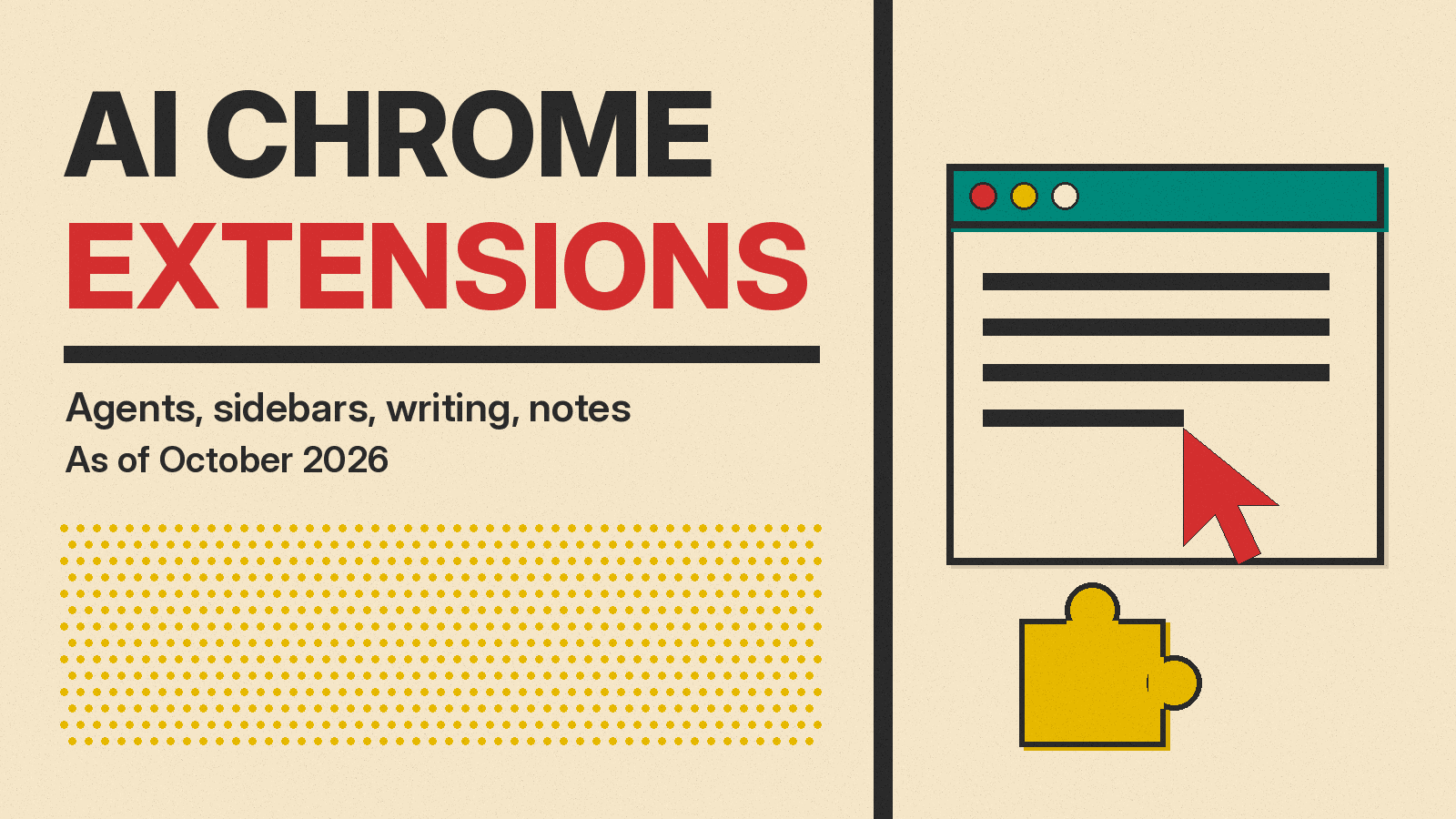 Olivetti-style cover reading AI Chrome Extensions, with a browser window, a red cursor and a mustard puzzle piece on cream paper