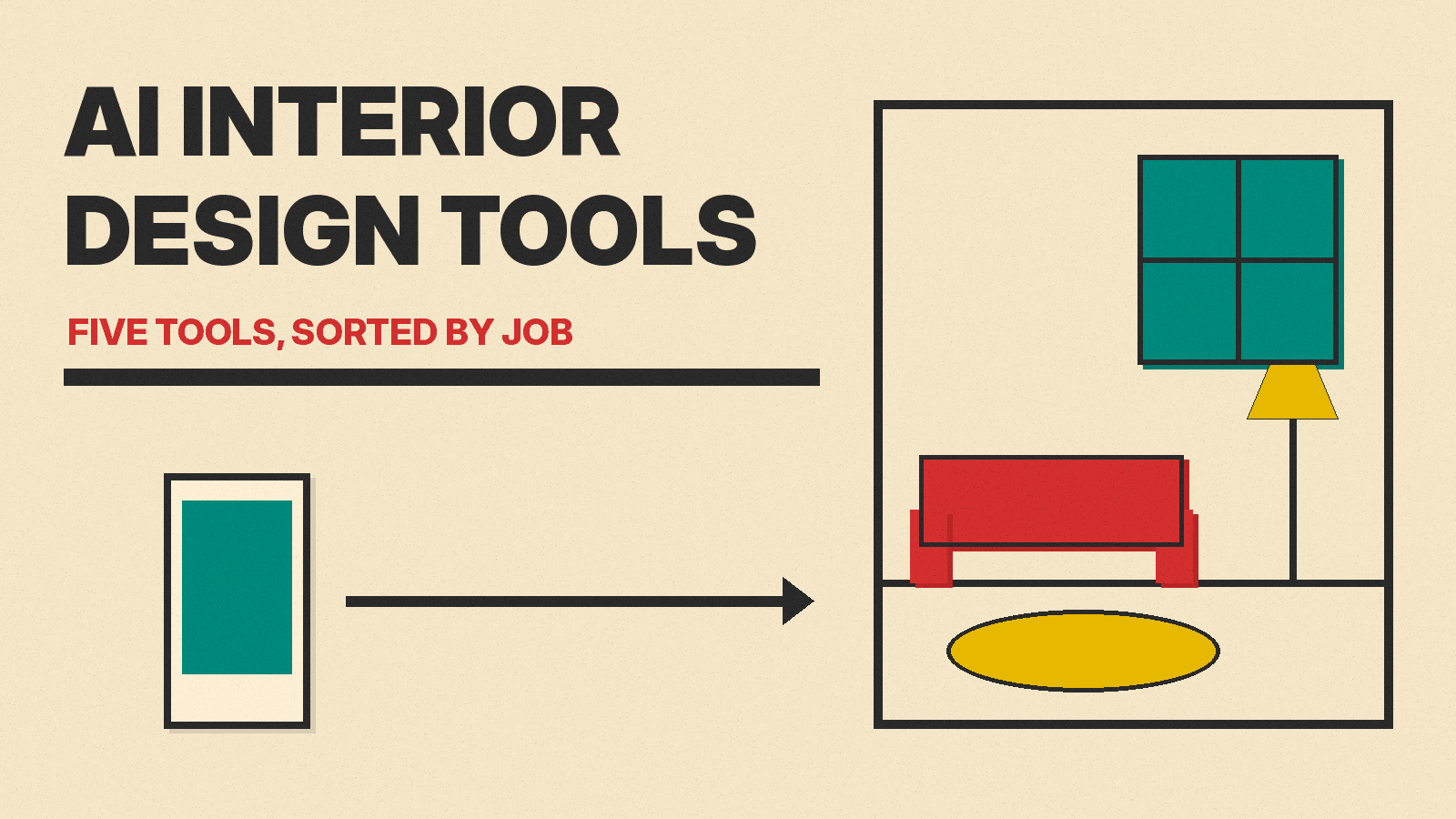 Olivetti-style cover reading AI INTERIOR DESIGN TOOLS, with a flat red sofa, mustard lamp and teal window in a cream room outline