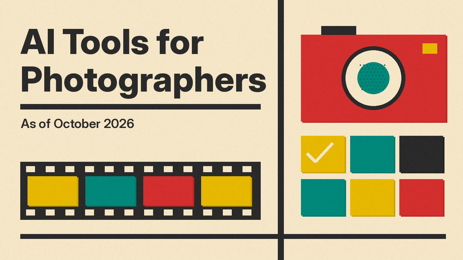 Olivetti-style cover reading AI Tools for Photographers, with a camera, a film frame and a culling grid, in red, mustard and teal on cream paper