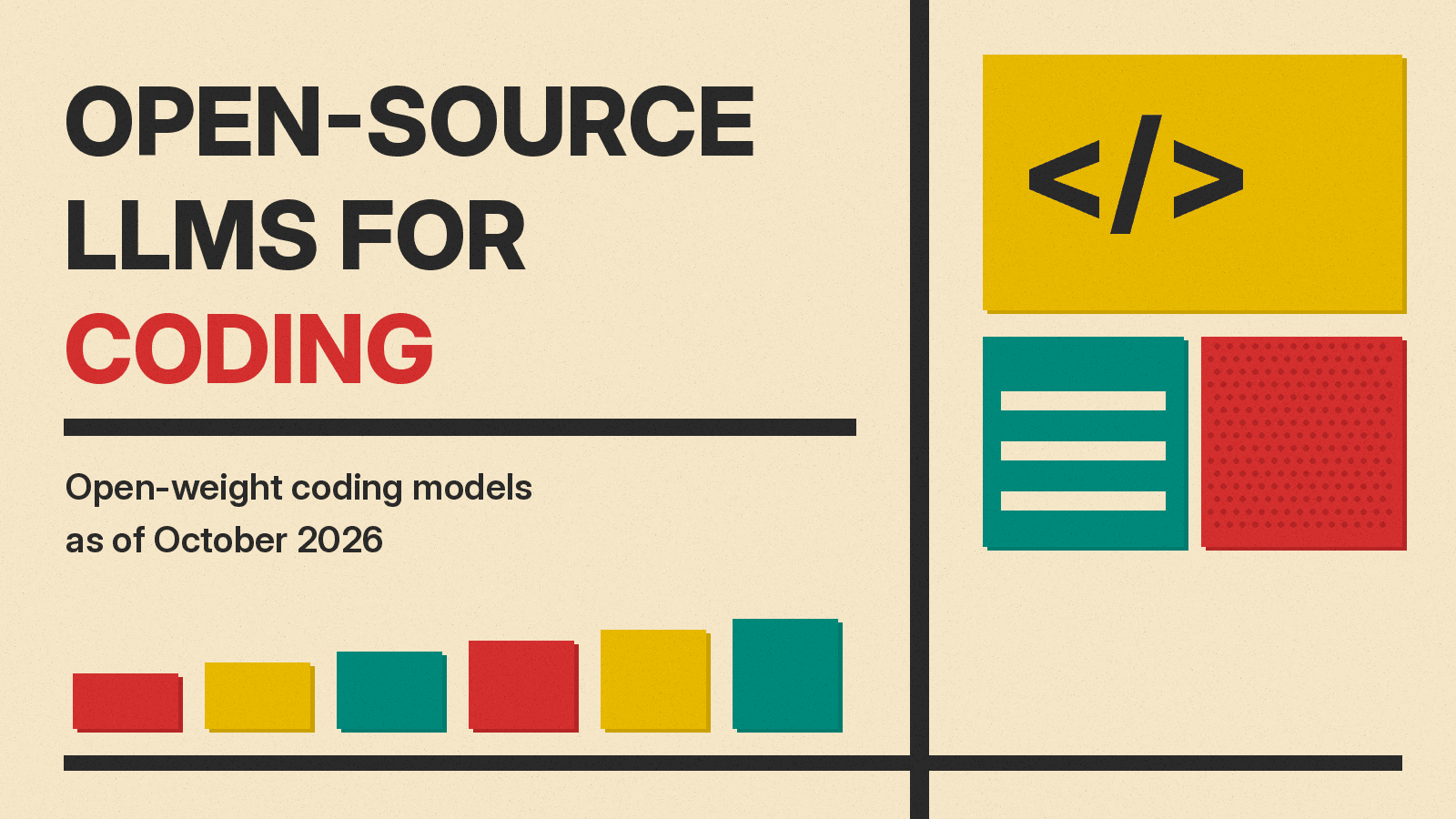 Olivetti-style cover reading OPEN-SOURCE LLMS FOR CODING on cream paper, with a code bracket icon on a mustard block, teal and red halftone blocks and colored bars.