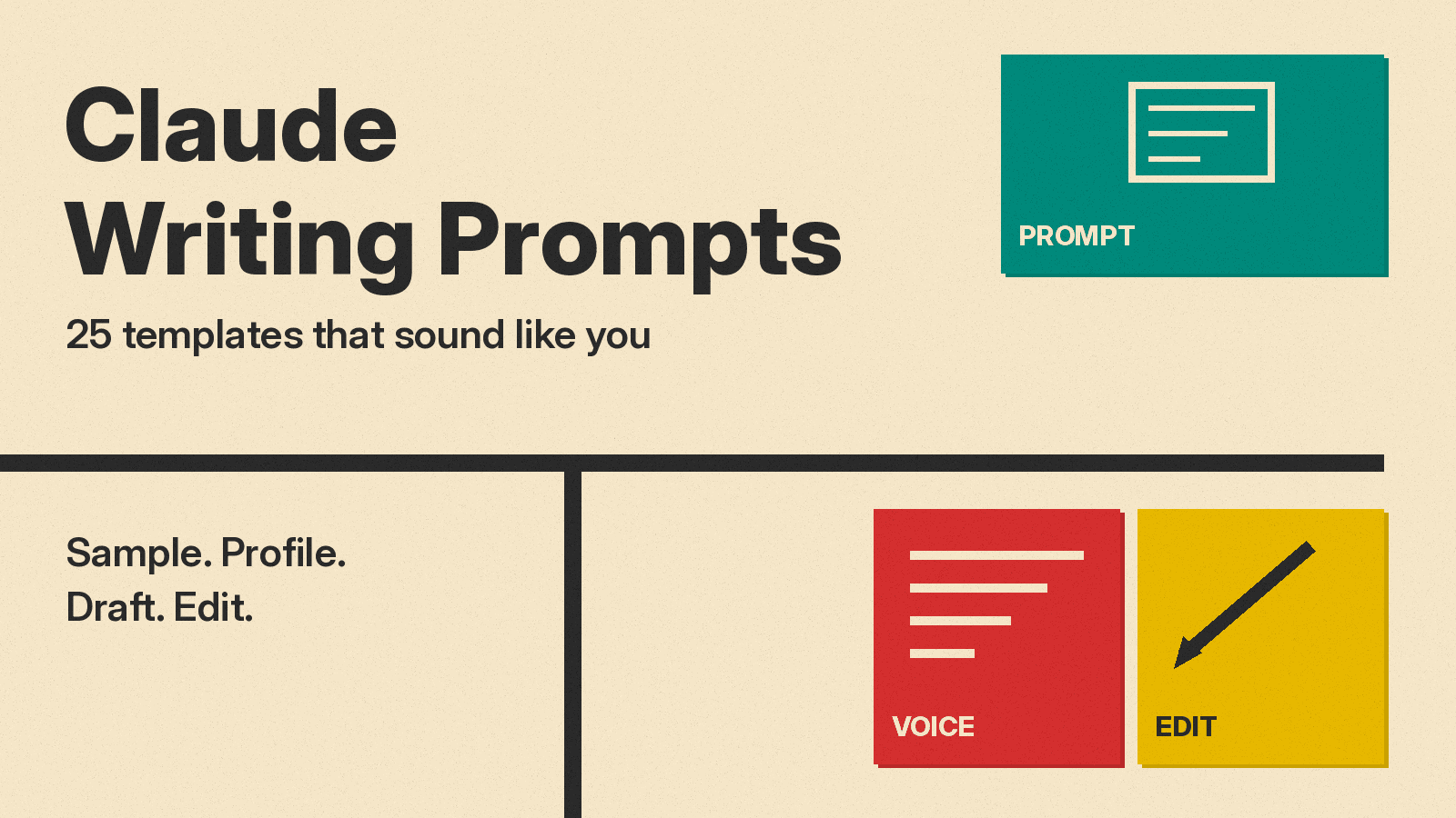 Olivetti-style cover: Claude Writing Prompts title on cream paper beside red, mustard and teal blocks with text line and pencil icons