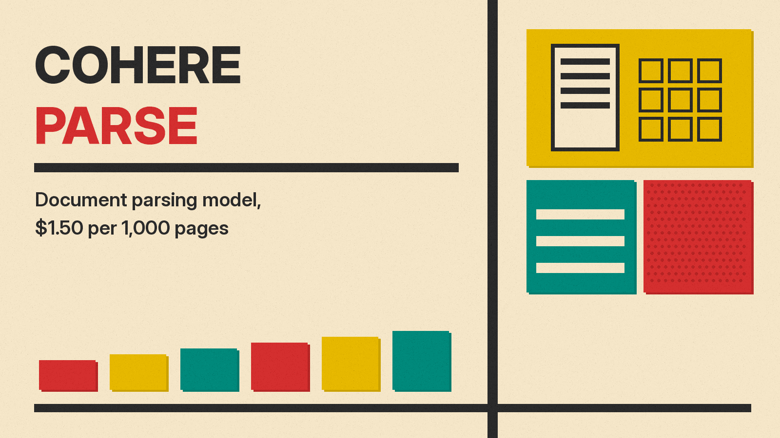 Olivetti-style cover reading COHERE PARSE on cream paper, with a document page and table grid icon on a mustard block, teal and red halftone blocks and colored bars.