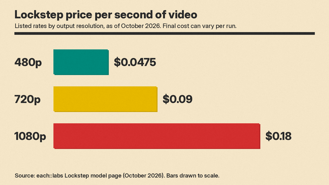 Lockstep price per second by resolution: $0.0475 at 480p, $0.09 at 720p, $0.18 at 1080p