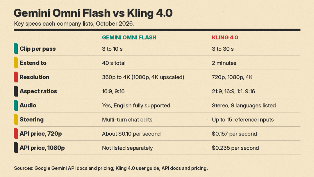 Gemini Omni Flash vs Kling 4.0 key specs side by side, from Google and Kling documentation, October 2026