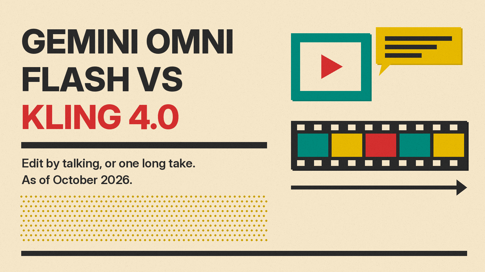 Olivetti-style cover reading Gemini Omni Flash vs Kling 4.0, with a chat bubble beside a video frame and a long film strip on cream paper