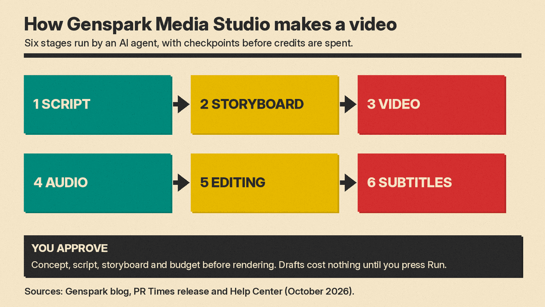 Diagram of Genspark Media Studio's six stages (script, storyboard, video, audio, editing, subtitles), with a note that the user approves concept, script, storyboard and budget before rendering