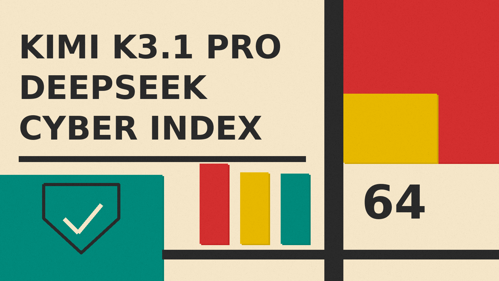 Olivetti-style cover titled KIMI K3.1 PRO, DEEPSEEK, CYBER INDEX with red, mustard and teal blocks and a shield line icon