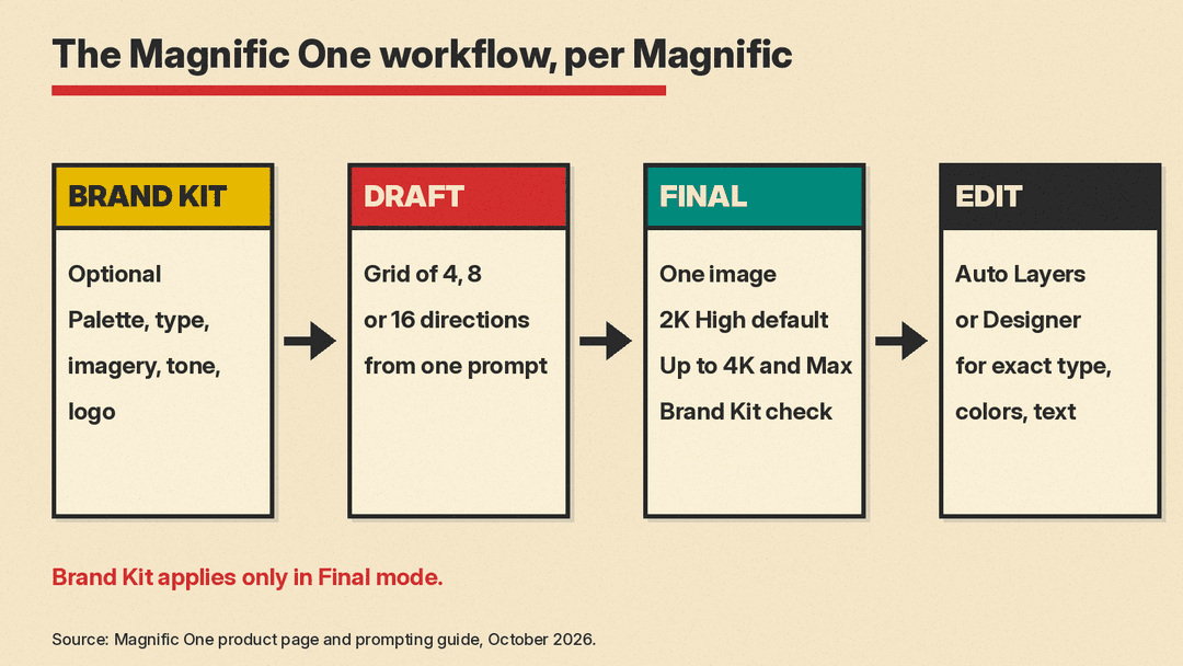 Diagram of the Magnific One workflow: Brand Kit, Draft, Final, then edits