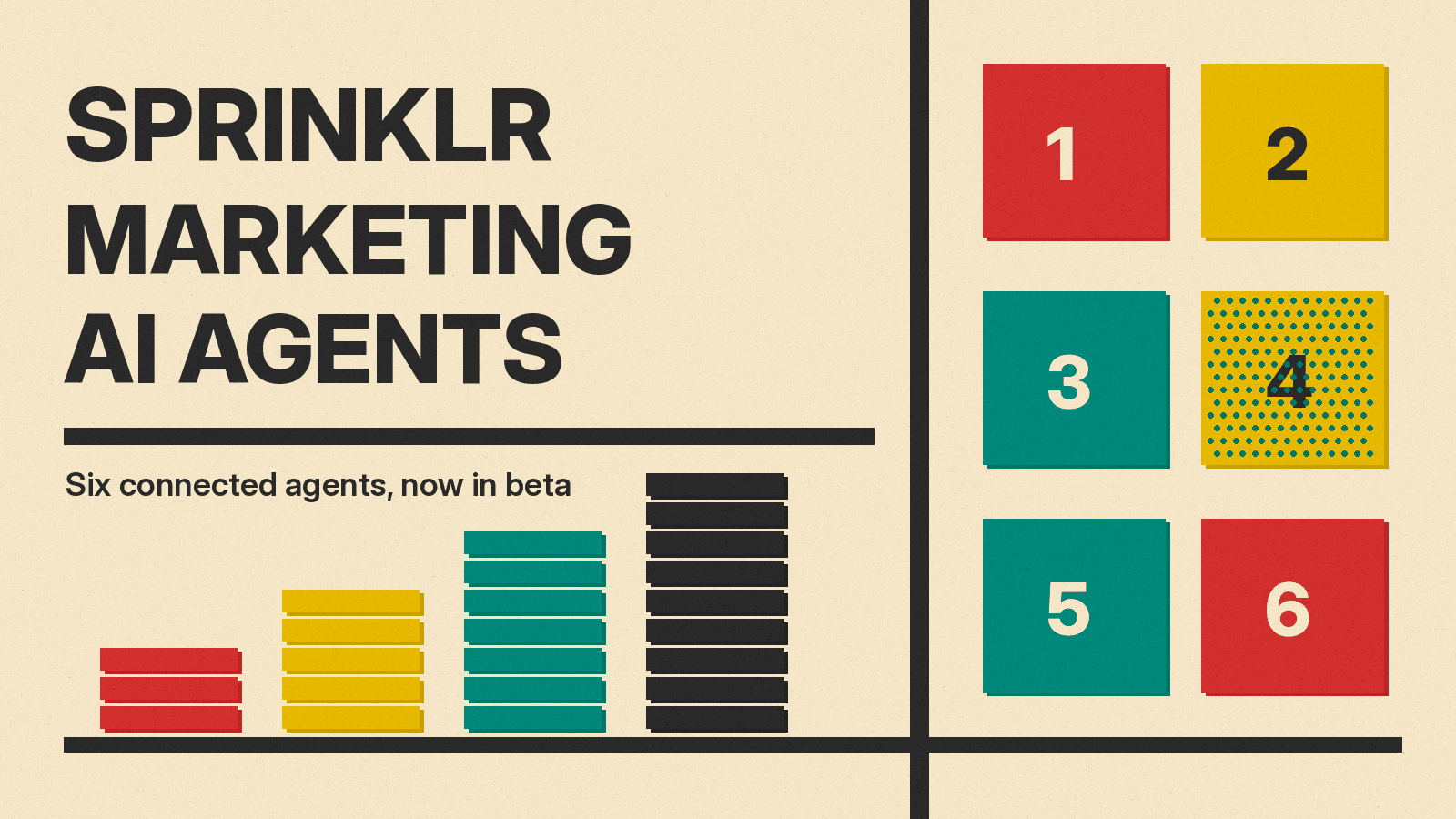 Olivetti-style cover reading Sprinklr Marketing AI Agents with red, mustard and teal blocks arranged as six connected campaign steps