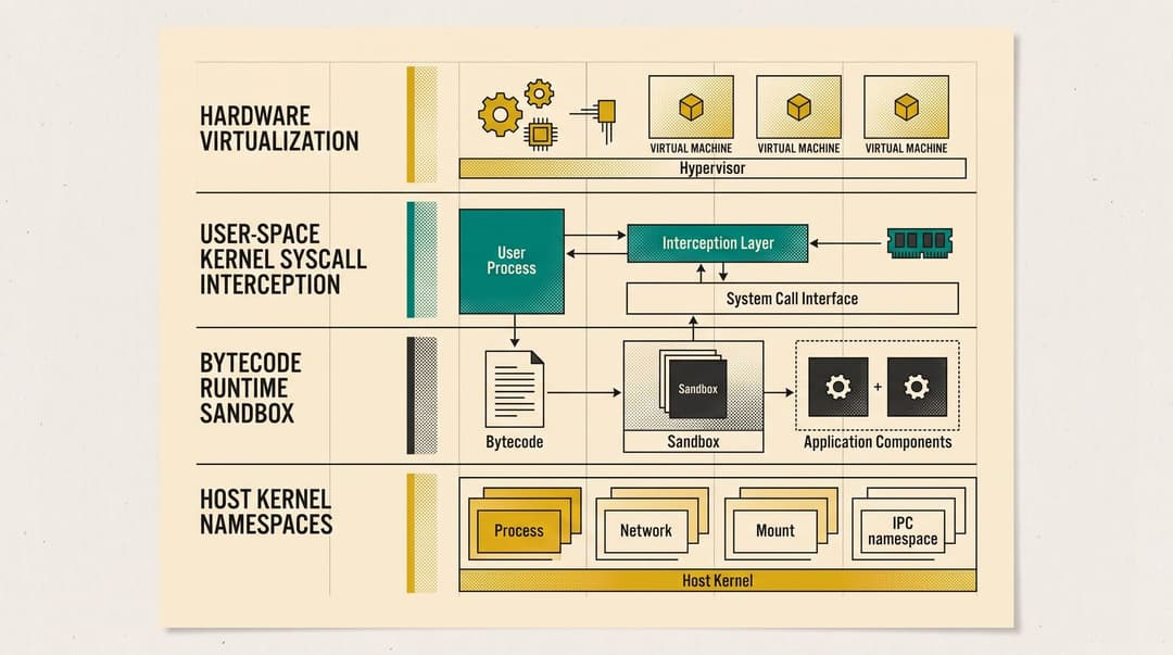Comparative architecture of runtime isolation layers: hardware virtualization, user-space syscall interception, bytecode sandboxing, and host namespaces