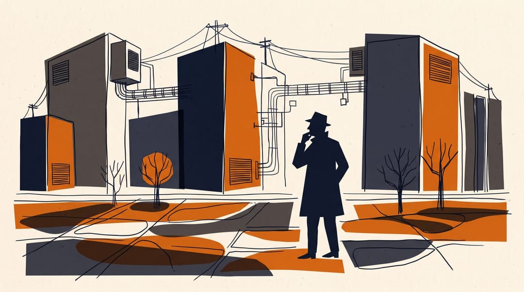 Illustration: a ballot box with a computer chip and data-center towers