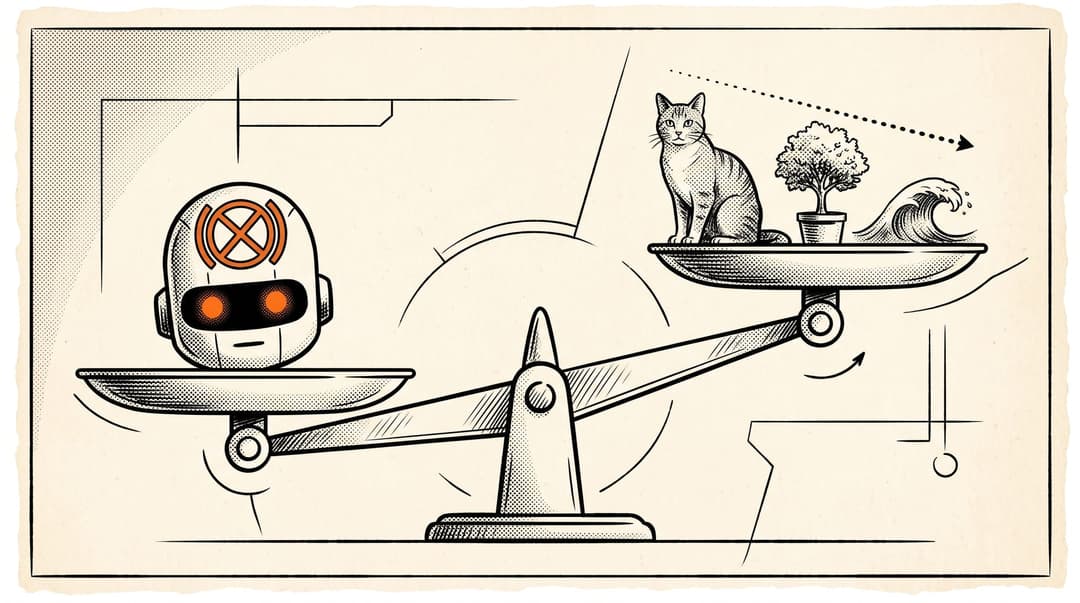 Illustration: a brake on a robot head versus shrinking living things on a scale