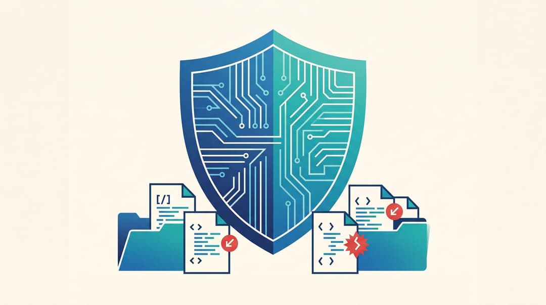 Illustration: Security shield with code vulnerability markers