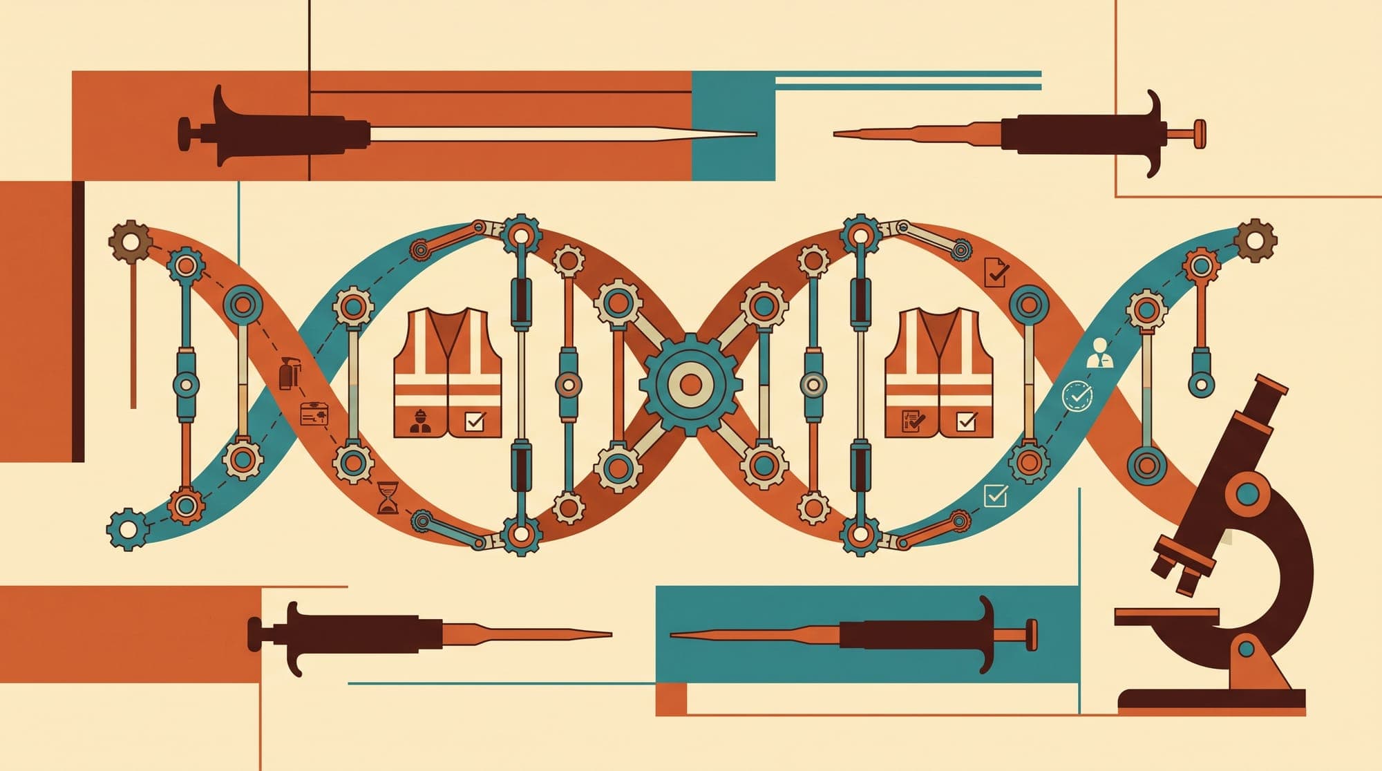 DNA helix rendered as industrial machinery in Olivetti brochure style