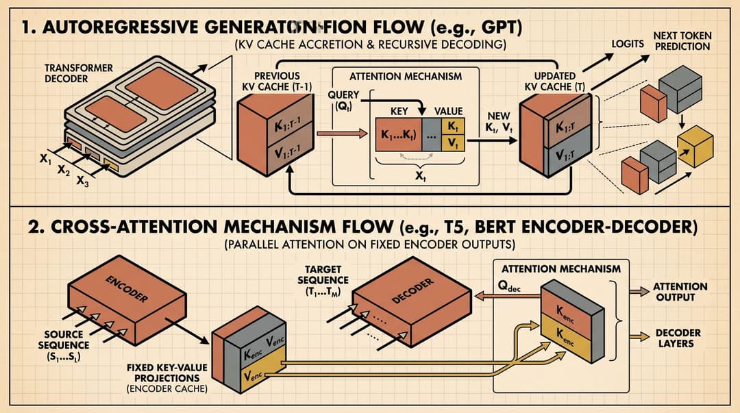 Key-Value Cache Memory Flow vs. Cross-Attention Pathways