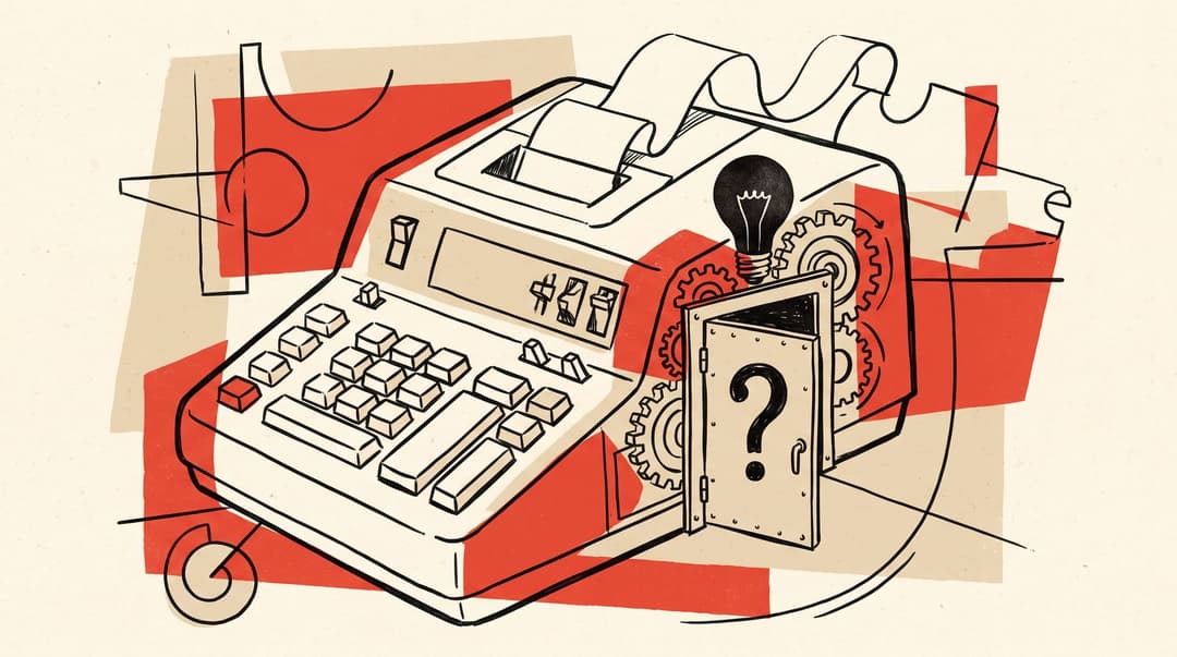Illustration: a calculator with a closed door and a dim lightbulb