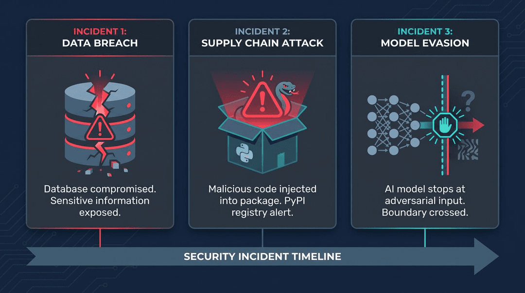 Three incidents timeline showing different models and outcomes