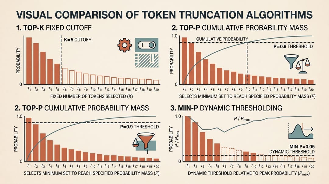 Diagrammatic comparison of Top-k, Top-p, and Min-p token sampling algorithms