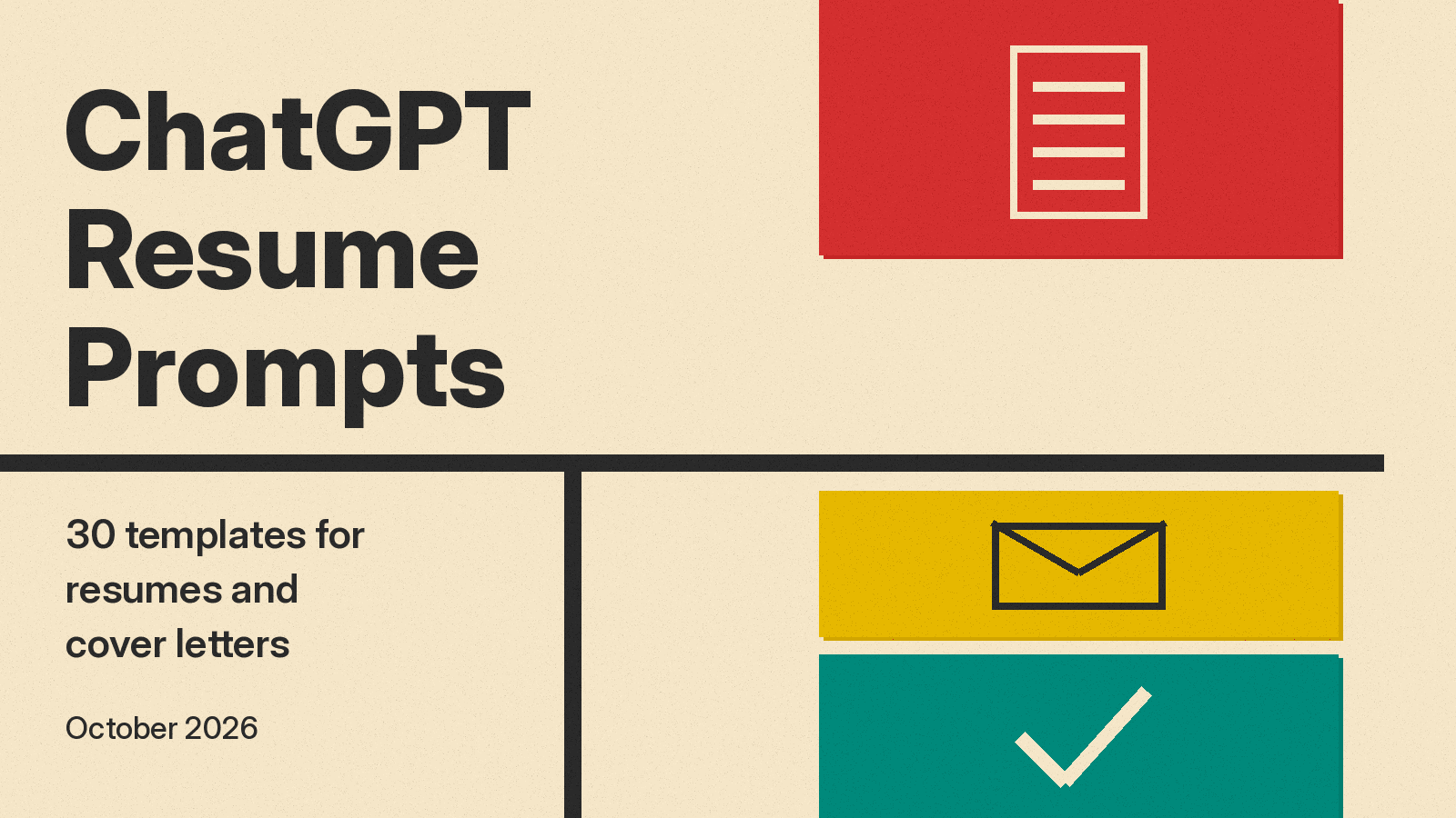 Olivetti-style cover: ChatGPT Resume Prompts title on cream paper with red, mustard, and teal blocks showing a page, an envelope, and a check mark