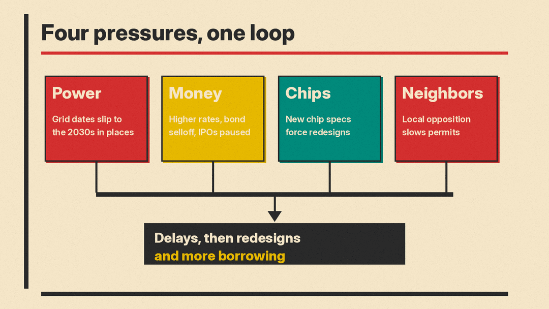 Diagram: four pressures (power, money, chips, neighbors) feed into delays, then redesigns and more borrowing