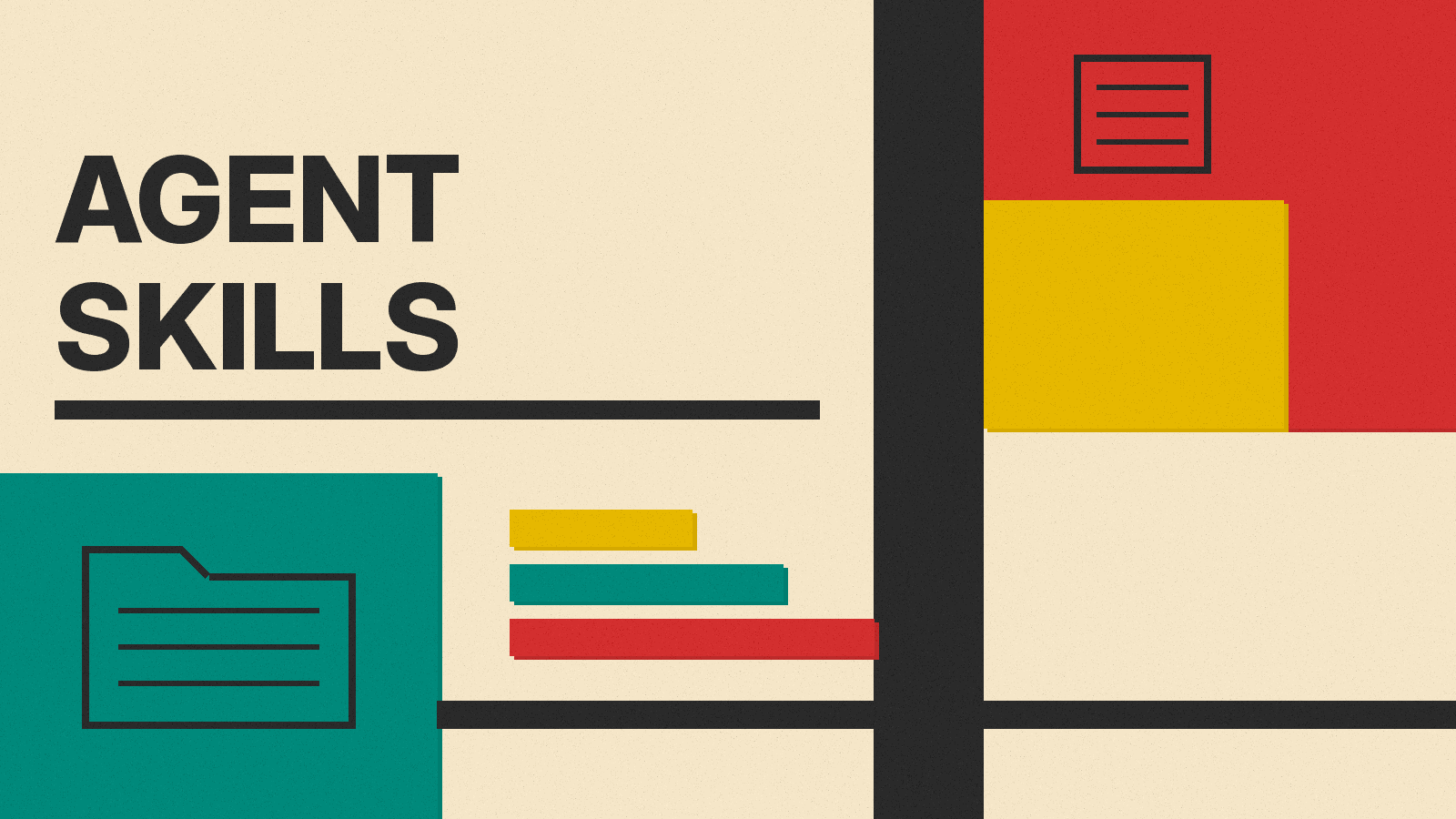 Olivetti-style cover with the words Agent Skills, a folder icon, three stacked color bars for the three loading levels, and a document icon