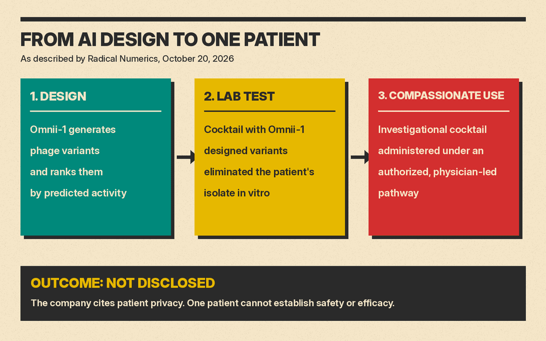Flow from Omnii-1 design to laboratory testing to compassionate use, with the company's non-disclosure of the patient outcome marked at the end