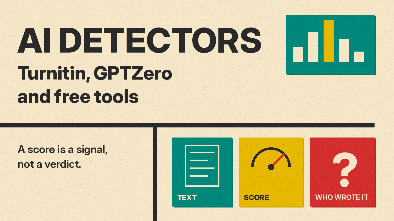 Olivetti-style cover reading AI Detectors, Turnitin, GPTZero and free tools, with a gauge, a page and a question mark on cream paper