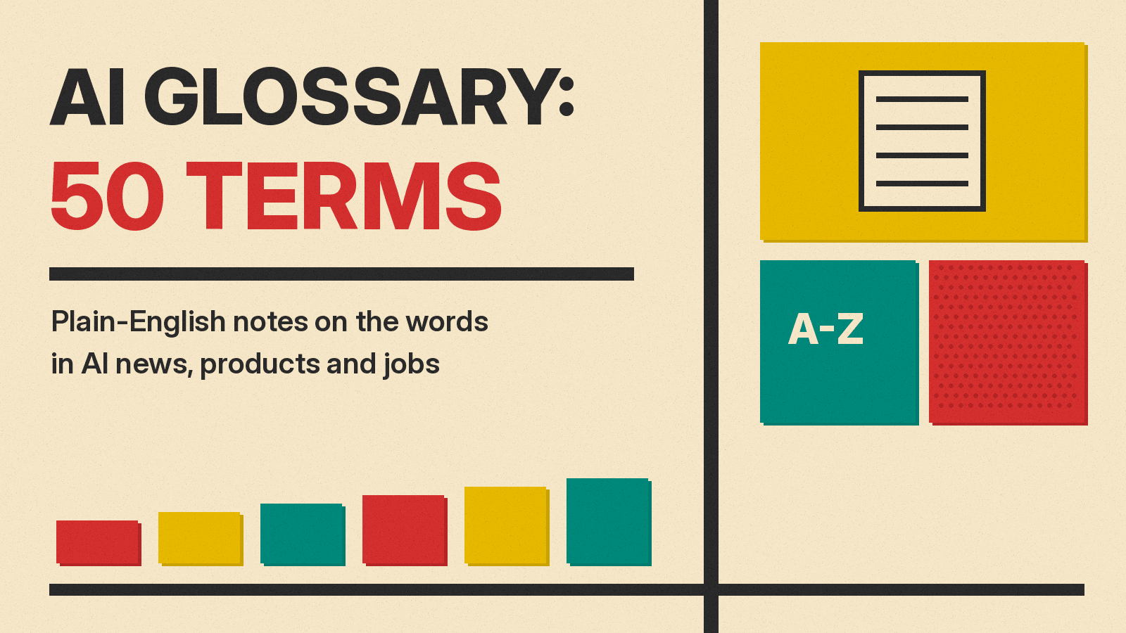 Olivetti-style cover reading AI GLOSSARY: 50 TERMS on cream paper, with a page icon on a mustard block, A-Z on a teal block, and a red halftone block.
