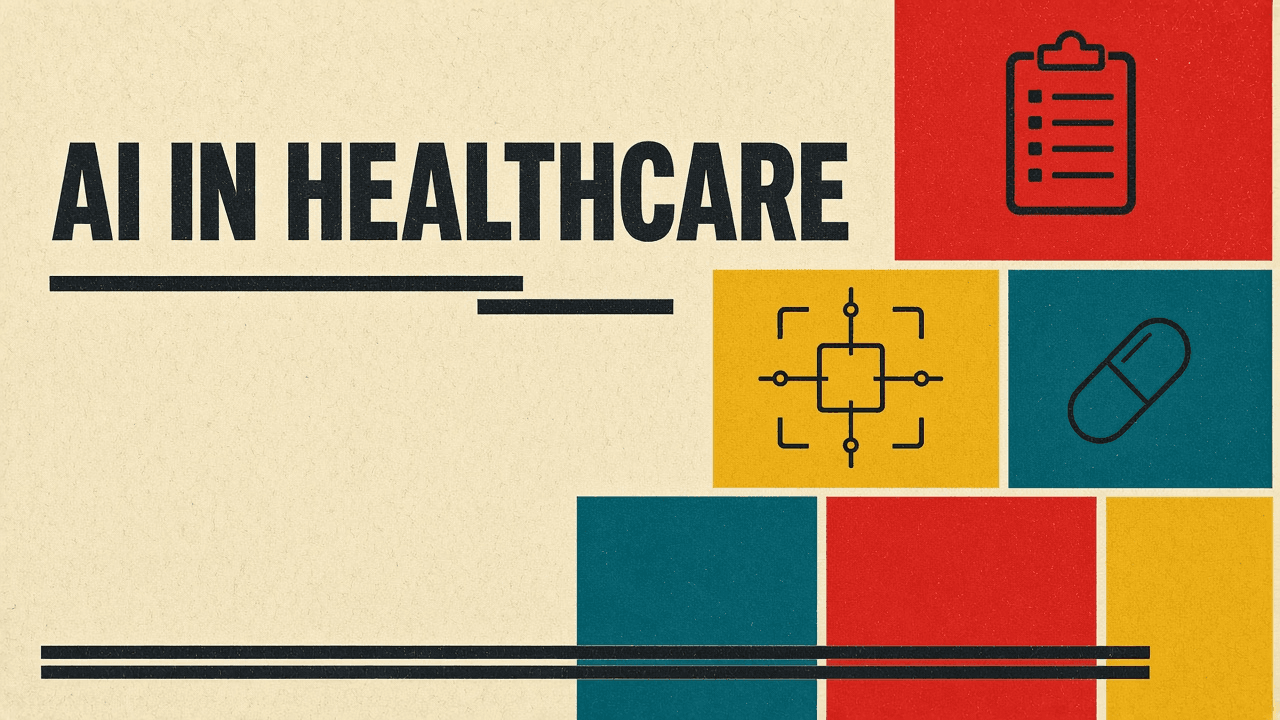 Olivetti-style cover reading AI IN HEALTHCARE with flat red, mustard and teal blocks and simple line icons of a clipboard, a scan frame and a pill