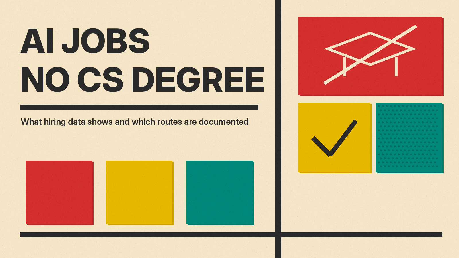 Olivetti-style cover reading AI JOBS NO CS DEGREE on cream paper, with a crossed-out graduation cap on a red block and a check mark on a mustard block.