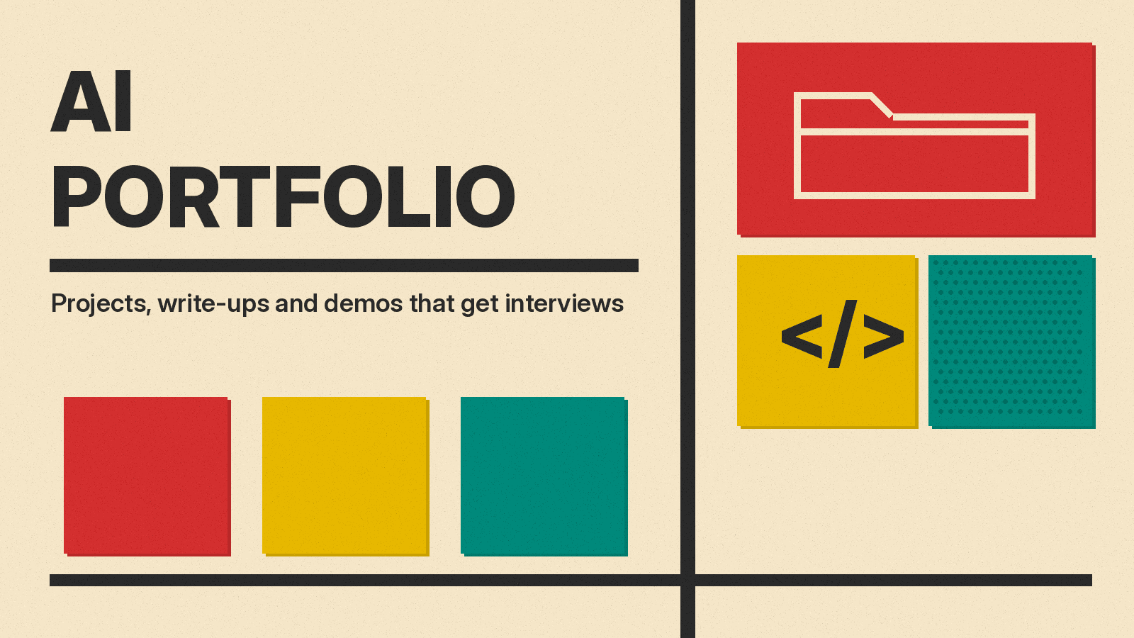 Olivetti-style cover reading AI PORTFOLIO on cream paper, with a folder icon on a red block, a mustard block and a teal halftone block.