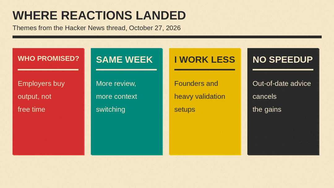 Four themes from the Hacker News thread: who promised less work, the same heavier week, readers who work less, and doubts about the speedup