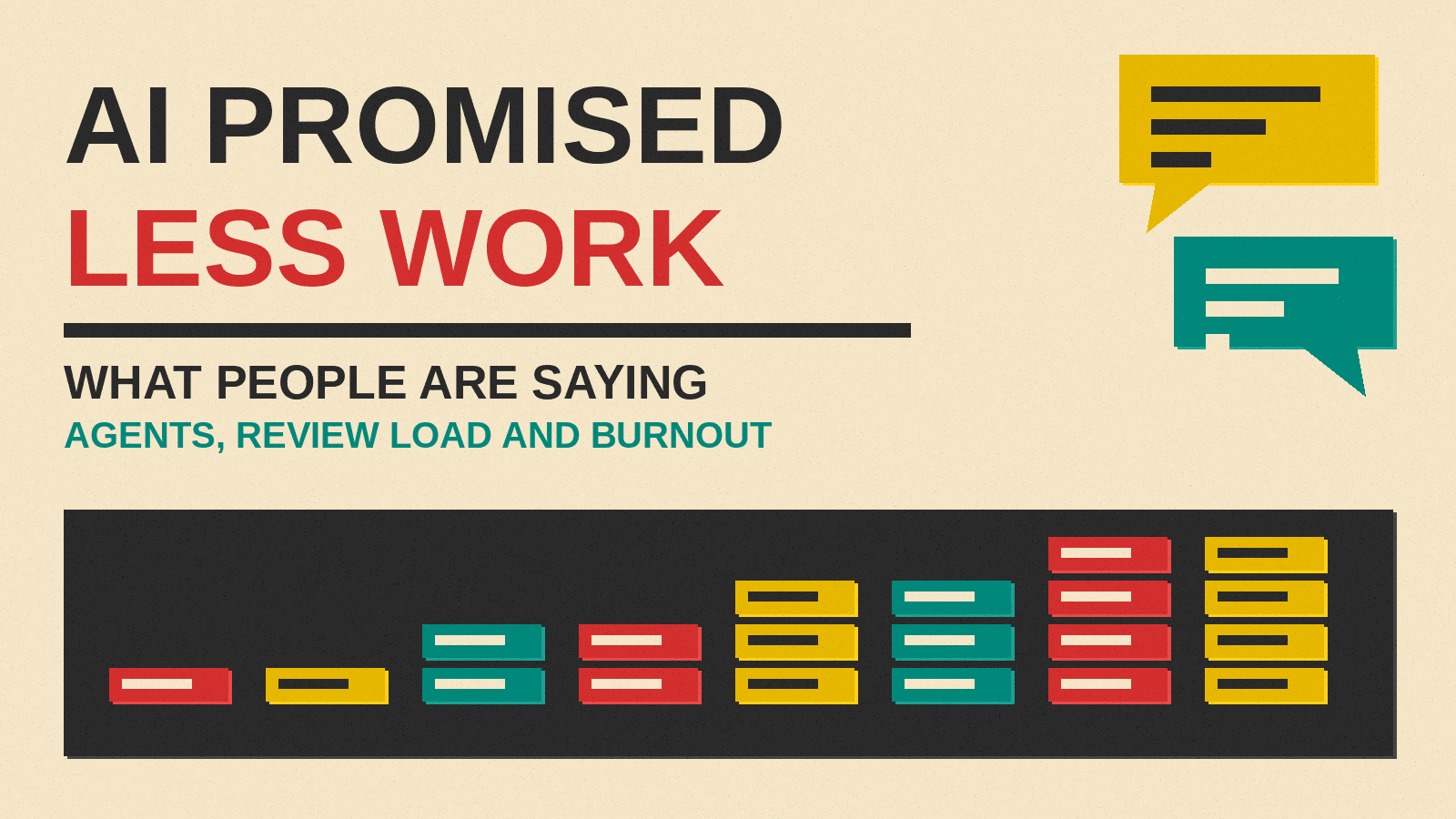 Olivetti-style cover reading AI Promised Less Work, What People Are Saying, with stacked task cards and speech bubbles
