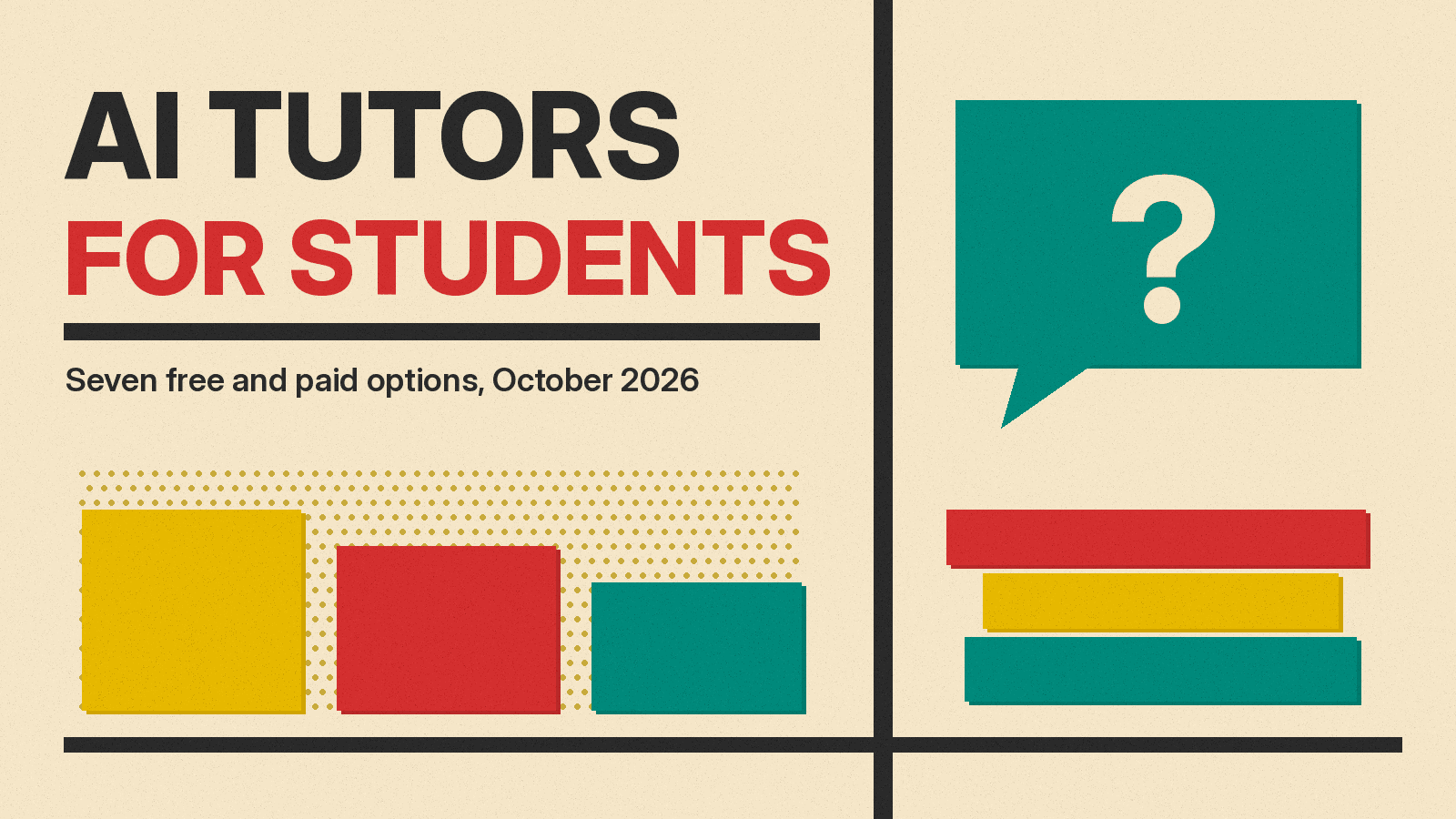 Olivetti-style cover reading AI TUTORS FOR STUDENTS on cream paper, with a teal chat bubble holding a question mark beside red and mustard book blocks.