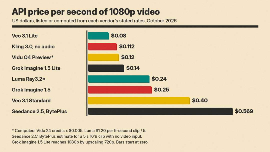 Bar chart of API price per second of 1080p video in US dollars as of October 2026: Veo 3.1 Lite $0.08, Kling 3.0 without audio $0.112, Vidu Q4 Preview $0.12, Grok Imagine 1.5 Lite $0.14, Luma Ray3.2 $0.24, Grok Imagine 1.5 $0.25, Veo 3.1 Standard $0.40, Seedance 2.5 on BytePlus $0.569