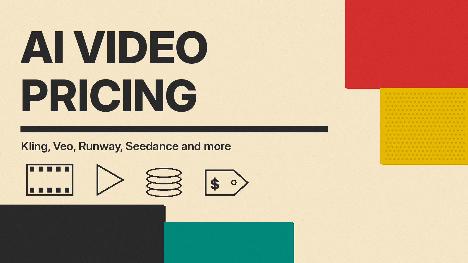 Olivetti-style cover reading AI VIDEO PRICING on cream paper, with red, mustard, charcoal and teal blocks and line icons of a film frame, play button, coin stack and price tag
