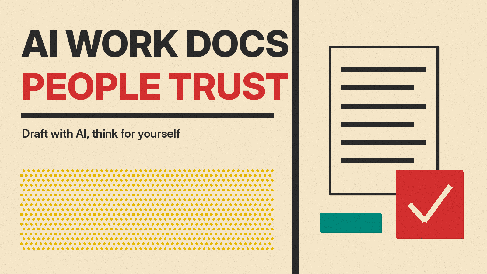 Olivetti-style cover reading AI Work Docs People Trust, with a charcoal document icon, a red check mark and mustard and teal blocks on cream paper