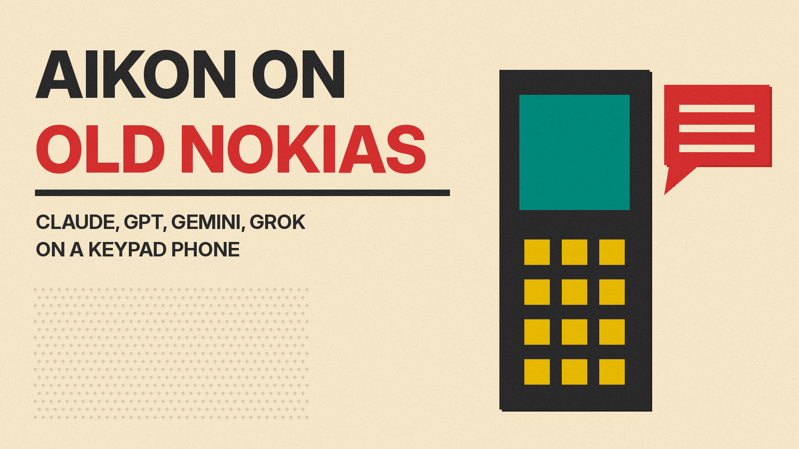 Olivetti-style cover with the title AIKON ON OLD NOKIAS, showing a keypad phone with a chat bubble on cream paper
