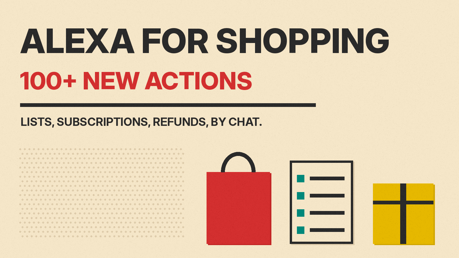 Olivetti-style cover with the title ALEXA FOR SHOPPING, 100+ NEW ACTIONS, showing a shopping bag, a list and a delivery box on cream paper